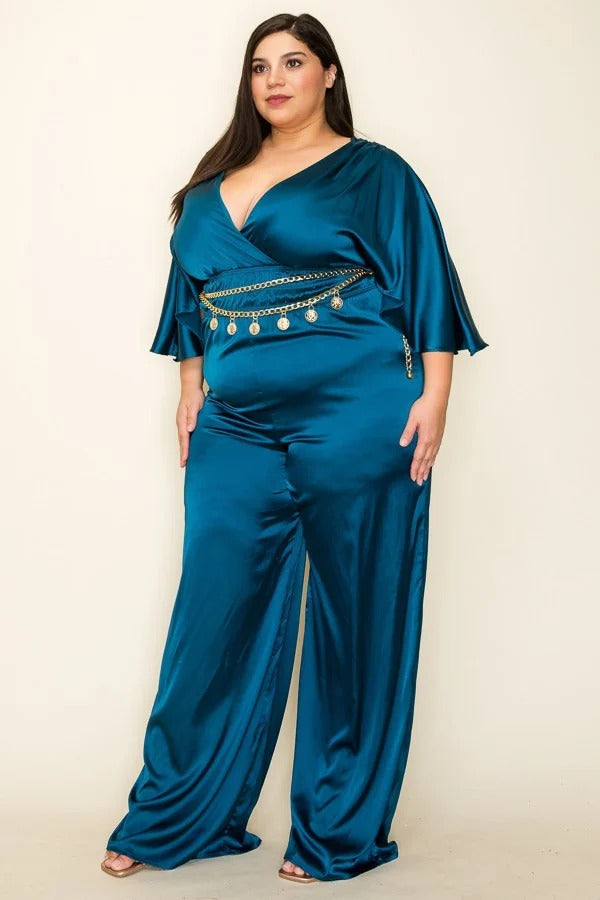 Satin Wrap Front Short Sleeve Smocked Waist Jumpsuit | CCPRODUCTS, Cognac, Magenta, NEW ARRIVALS, PLUS SIZE, PLUS SIZE JUMPSUITS & ROMPERS, Teal | Style Your Curves